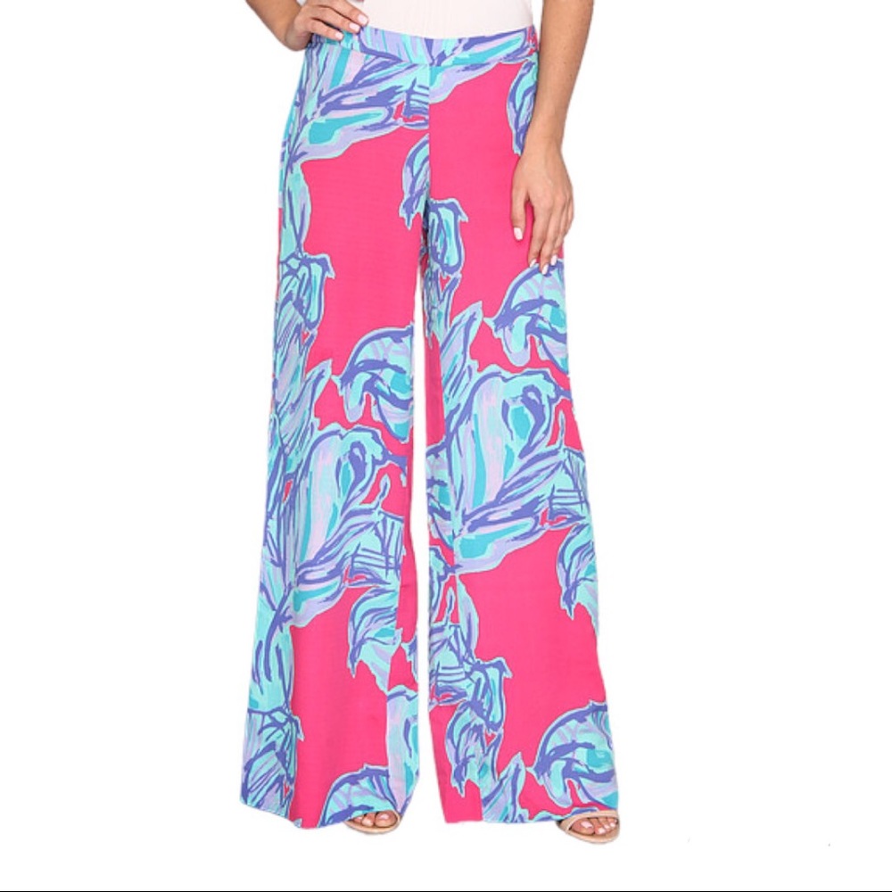 Lilly Pulitzer Middleton Palazzo Wide Leg Pants Chic Pink Sway M Leaf Print
